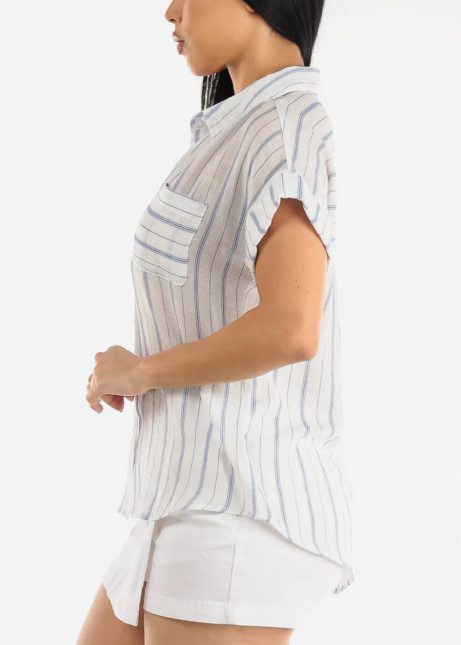 Short Sleeve Button Up Stripe Shirt White & Blue sold by Moda product image thumbnail 4