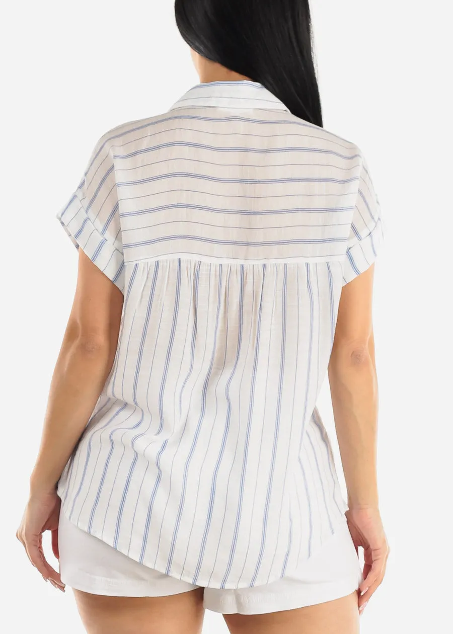Short Sleeve Button Up Stripe Shirt White & Blue sold by Moda product image thumbnail 5