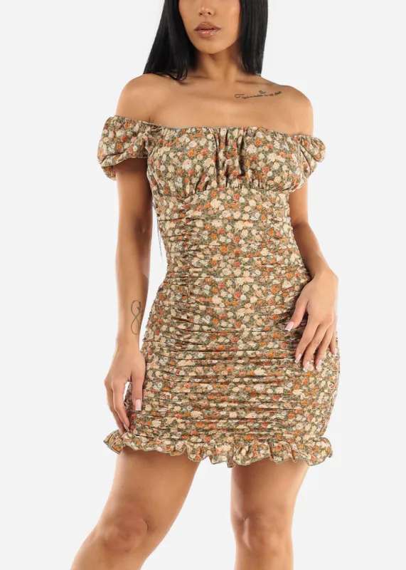 Off Shoulder Floral Ruched Bodycon Mini Dress Sage sold by Moda