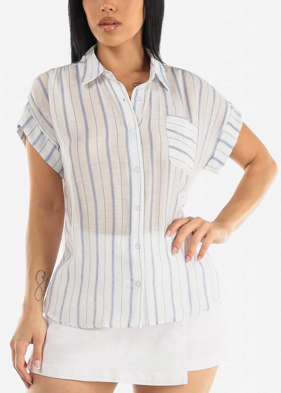 Short Sleeve Button Up Stripe Shirt White & Blue sold by Moda
