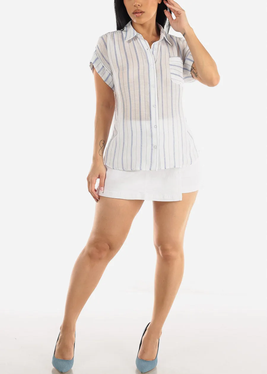 Short Sleeve Button Up Stripe Shirt White & Blue sold by Moda product image thumbnail 3