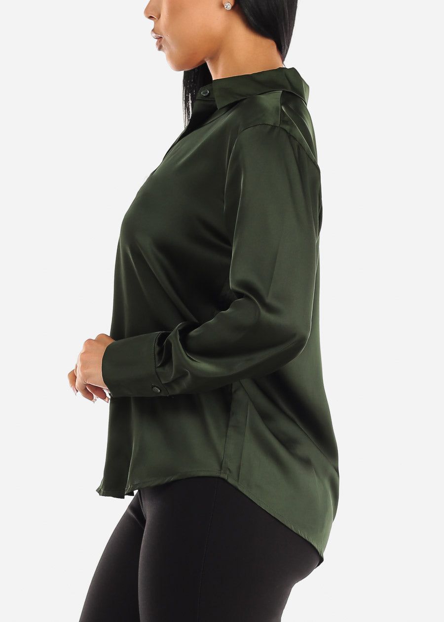 Satin Long Sleeve Button Down Collared Blouse Olive sold by Moda product image thumbnail 3