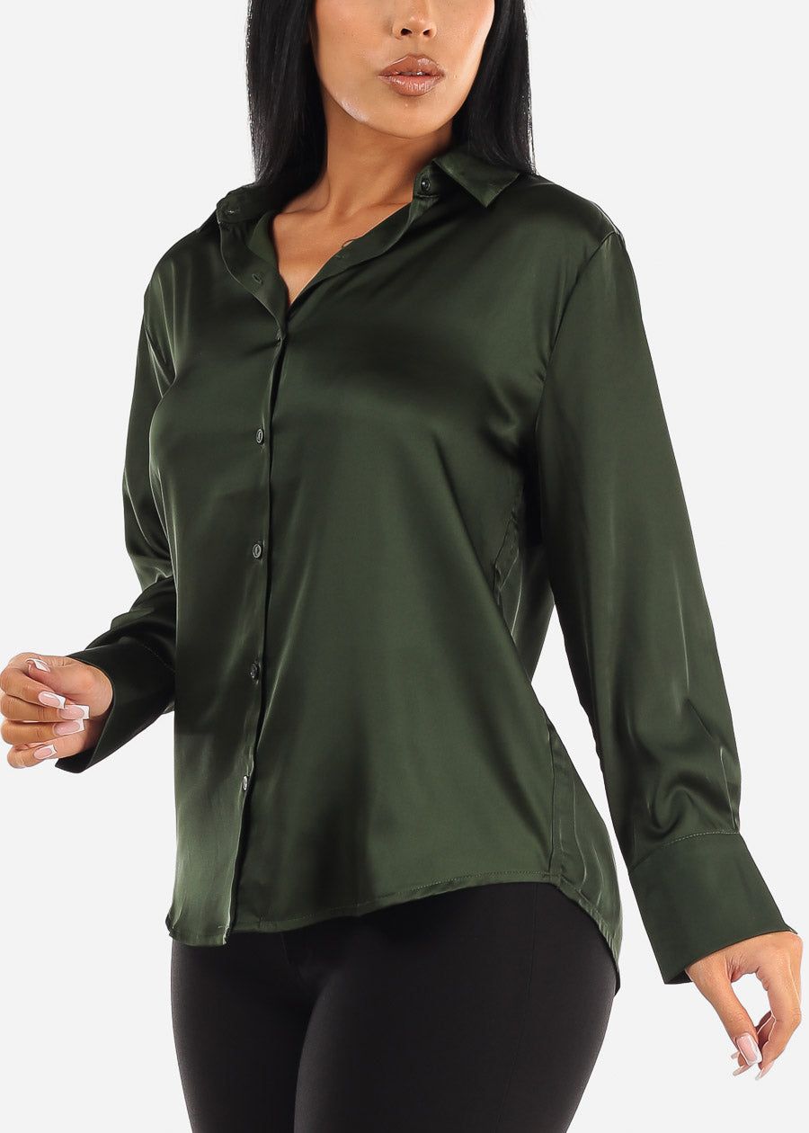 Satin Long Sleeve Button Down Collared Blouse Olive sold by Moda
