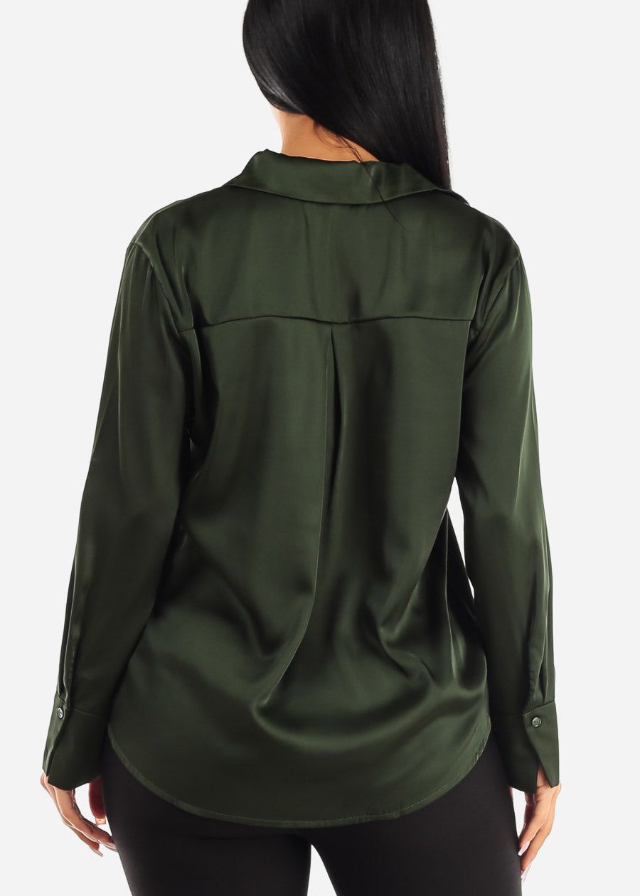 Satin Long Sleeve Button Down Collared Blouse Olive sold by Moda product image thumbnail 4