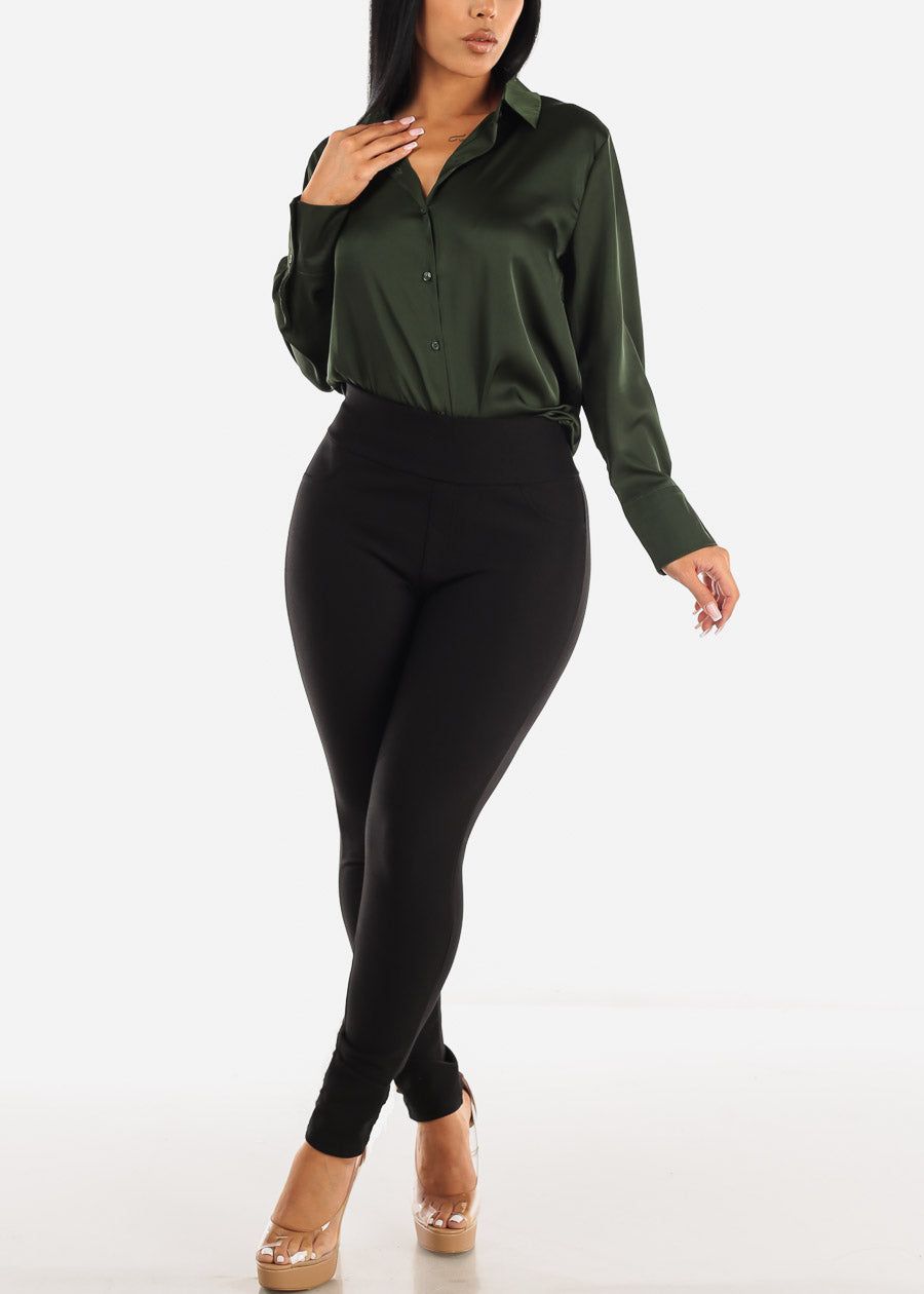Satin Long Sleeve Button Down Collared Blouse Olive sold by Moda product image thumbnail 2
