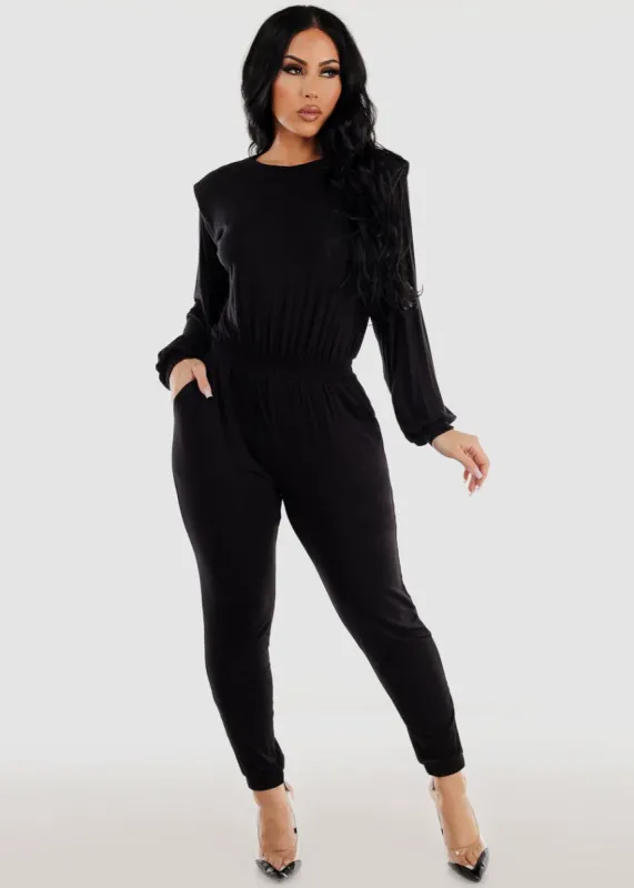 Black Long Sleeve Spandex Waist Skinny Jumpsuit made by Moda