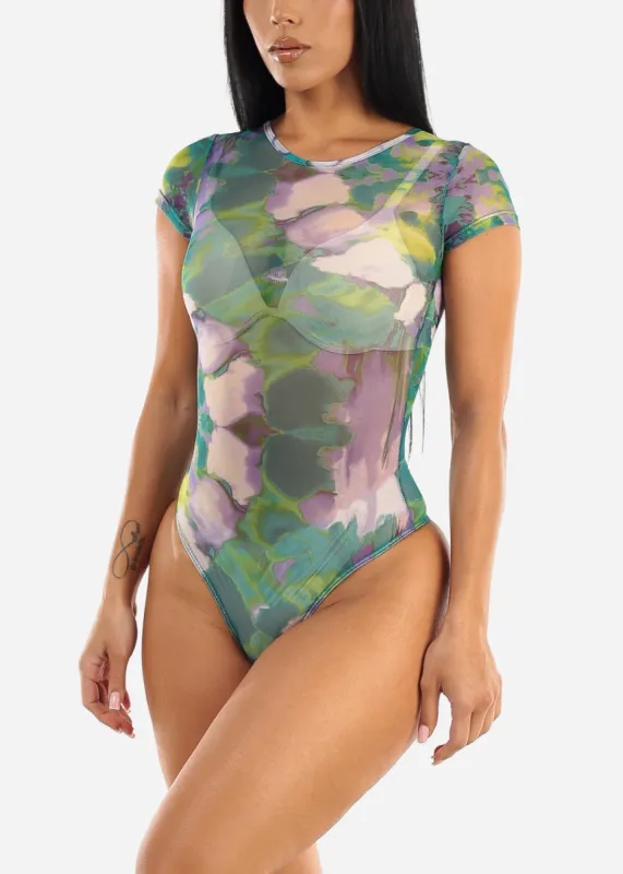 Short Sleeve Tie Dye Mesh Bodysuit Green made by Moda