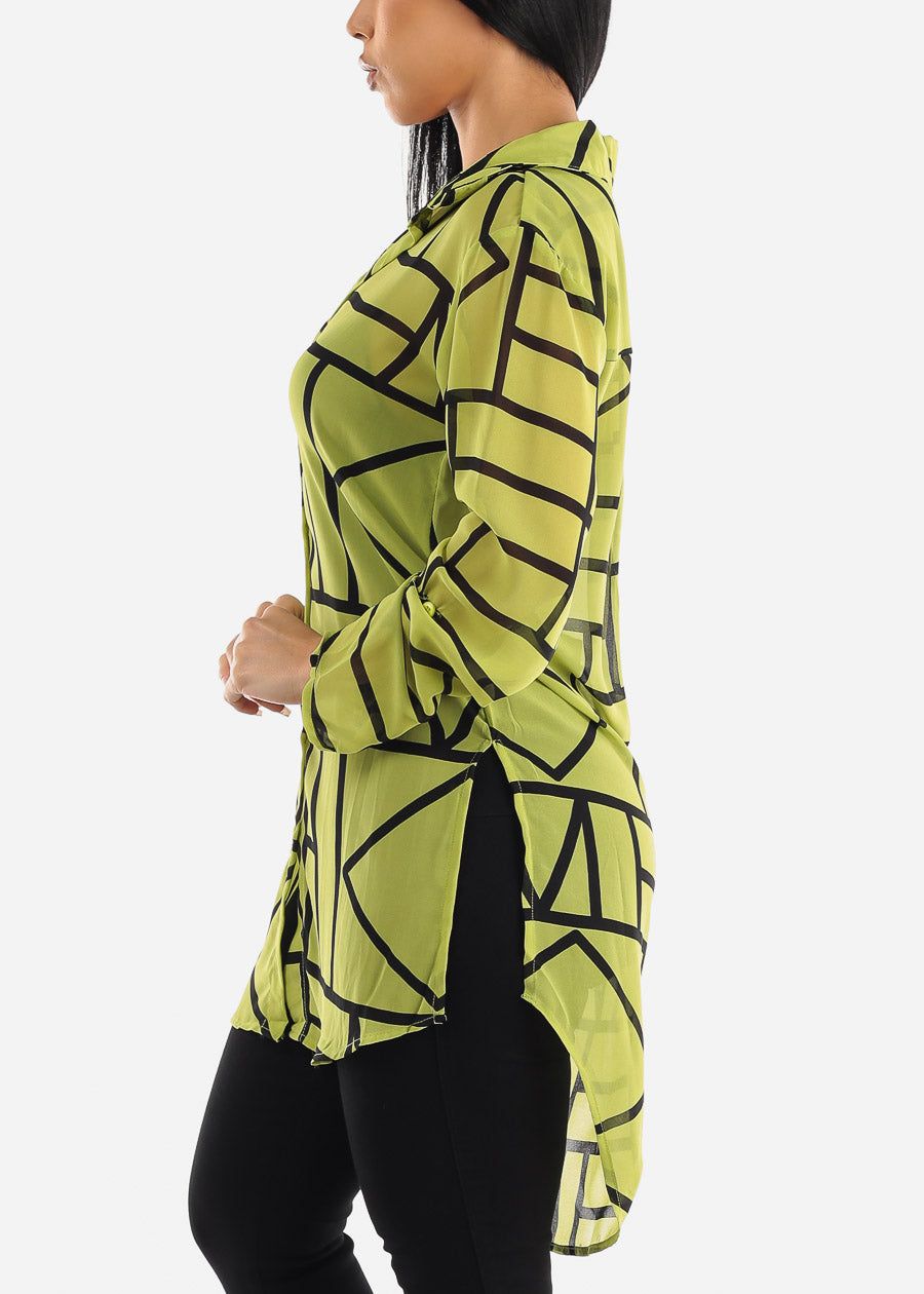 Long Sleeve Button Up See Through Printed Tunic Shirt Neon Green sold by Moda product image thumbnail 3