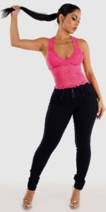 High Rise Butt Lifting Black Skinny Jeans with Racerback Hot Pink Lace Top sold by Moda