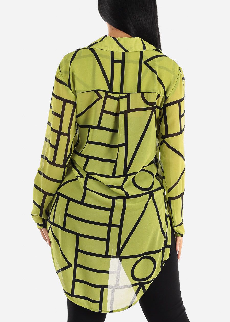 Long Sleeve Button Up See Through Printed Tunic Shirt Neon Green sold by Moda product image thumbnail 4