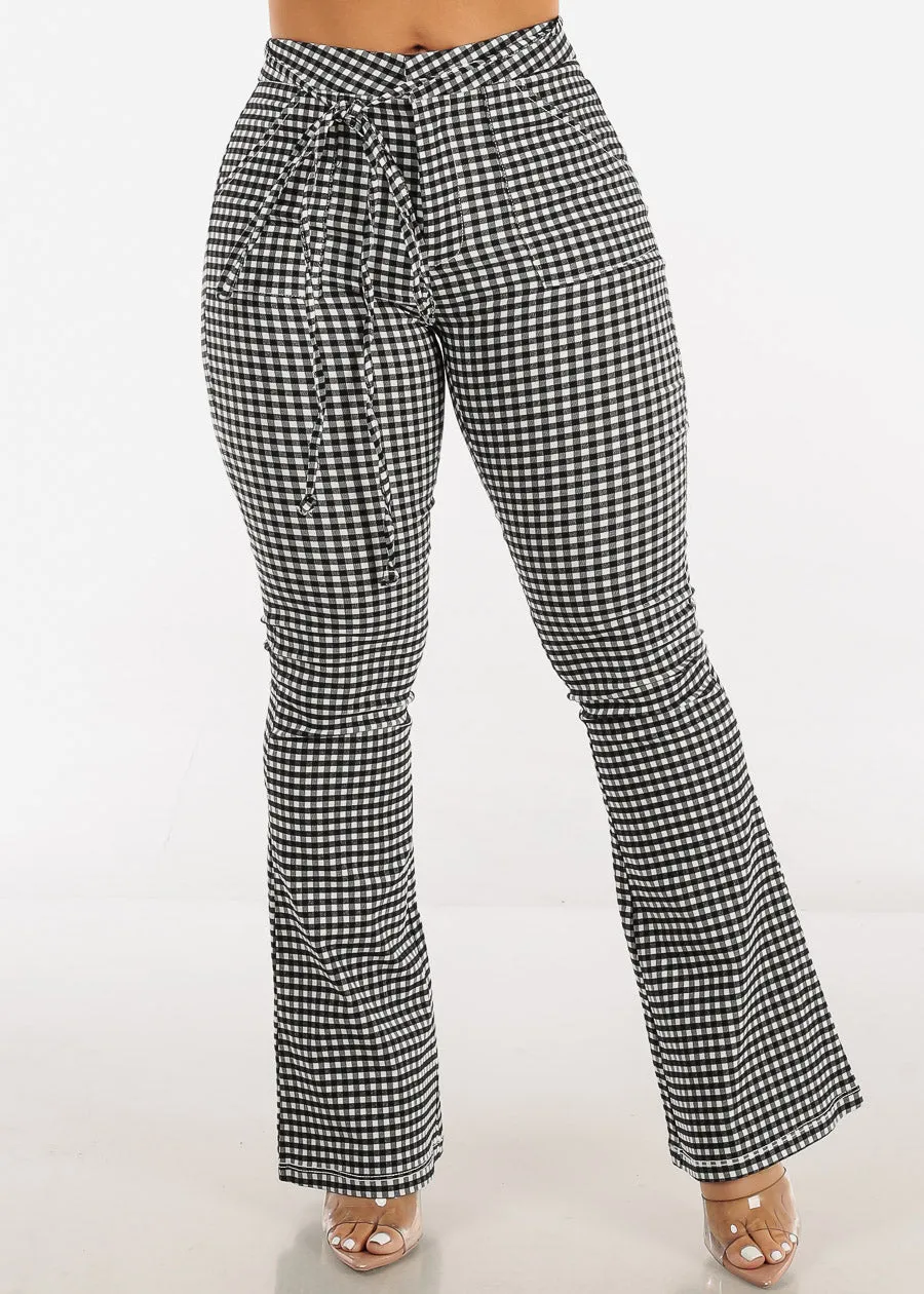 High Waist Checkered Flared Pants Black w Tie Belt sold by Moda