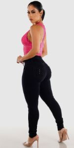 High Rise Butt Lifting Black Skinny Jeans with Racerback Hot Pink Lace Top sold by Moda