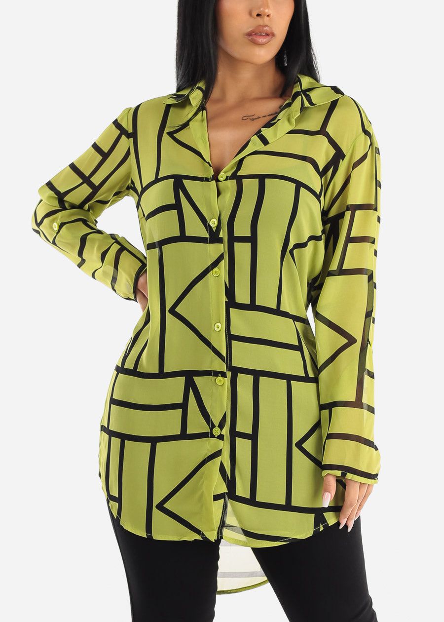 Long Sleeve Button Up See Through Printed Tunic Shirt Neon Green sold by Moda product image thumbnail 5