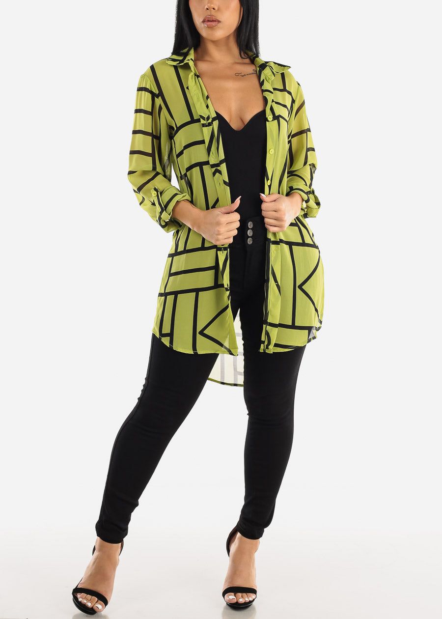 Long Sleeve Button Up See Through Printed Tunic Shirt Neon Green sold by Moda product image thumbnail 2