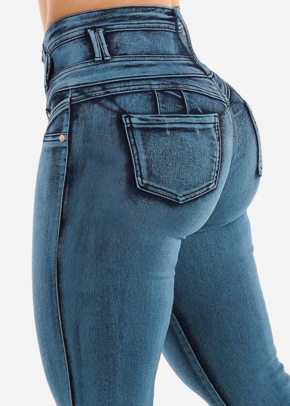 Butt Lift High Waist Skinny Jeans Blue Acid Wash sold by Moda