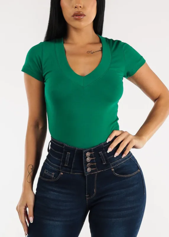 V-neck Basic T-Shirt (Dark Green) sold by Moda
