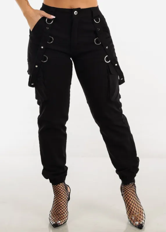 High Waist Black Jogger Pants w Studded Straps made by Moda