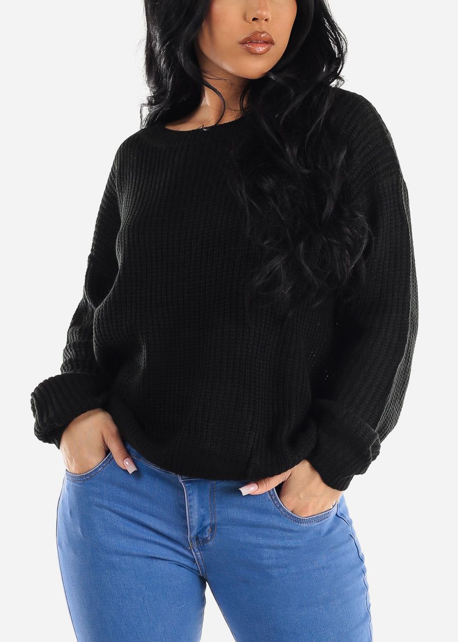 Black Back Lace Up Knit Long Sleeve Sweater sold by Moda