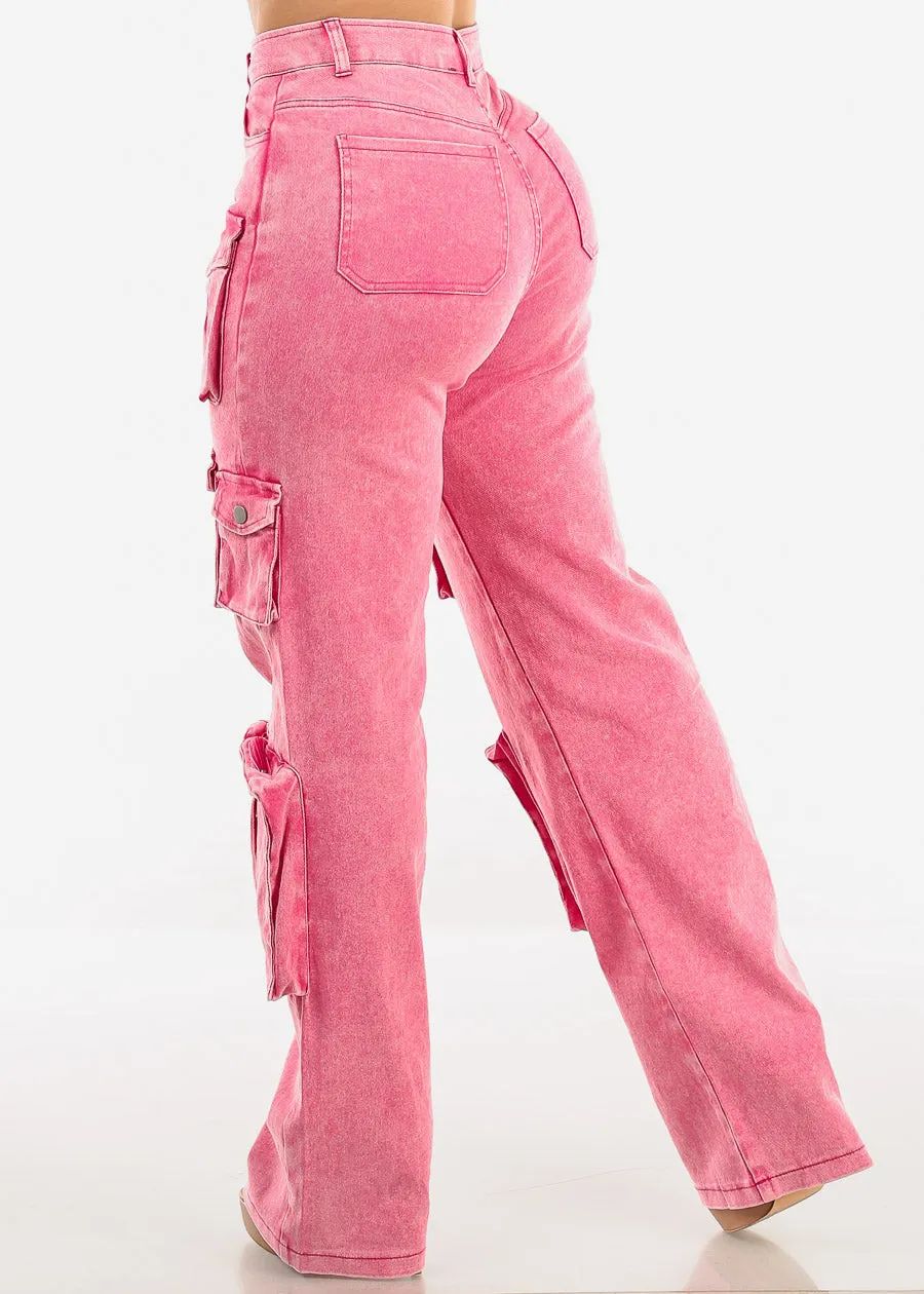 High Waist Utility Cargo Jeans Acid Wash Fuchsia sold by Moda product image thumbnail 4