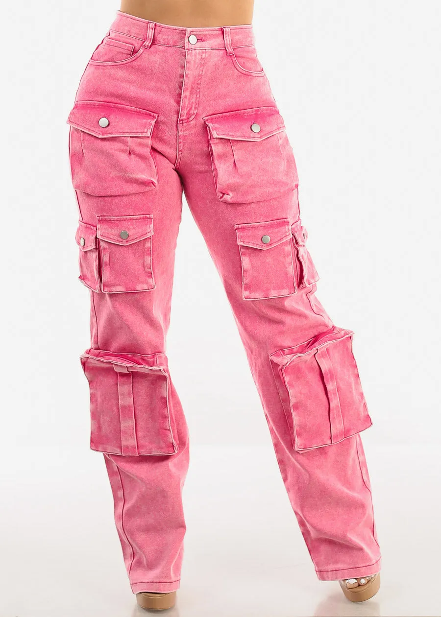 High Waist Utility Cargo Jeans Acid Wash Fuchsia sold by Moda