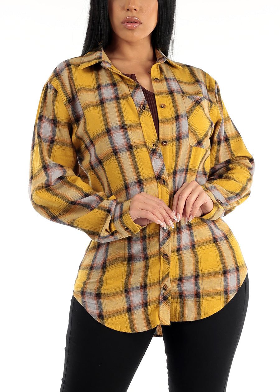 Oversized Plaid Button Down Shacket Mustard sold by Moda