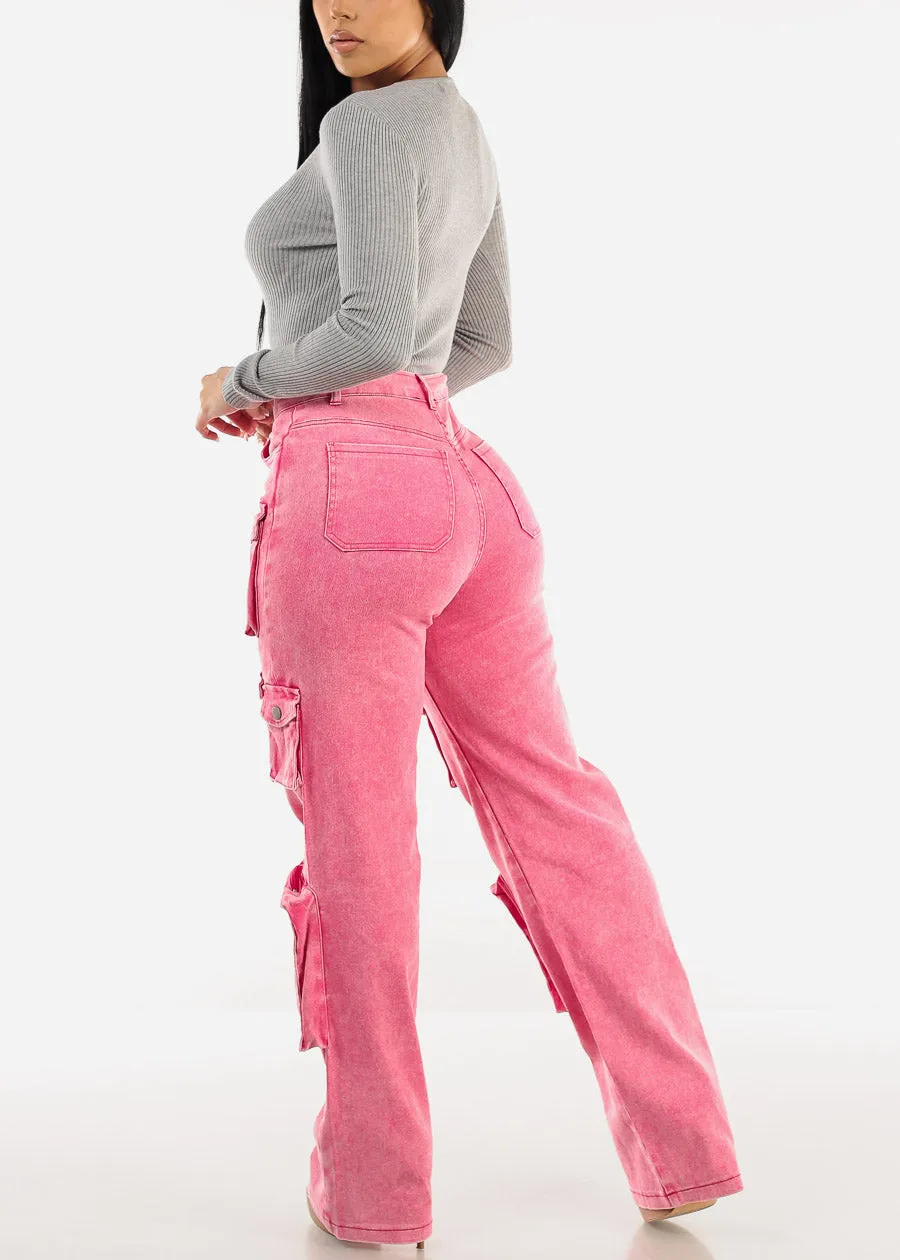 High Waist Utility Cargo Jeans Acid Wash Fuchsia sold by Moda product image thumbnail 5
