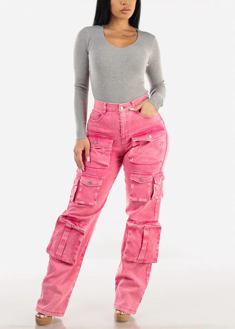 High Waist Utility Cargo Jeans Acid Wash Fuchsia sold by Moda product image thumbnail 2