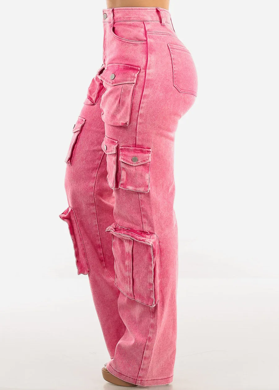 High Waist Utility Cargo Jeans Acid Wash Fuchsia sold by Moda product image thumbnail 3