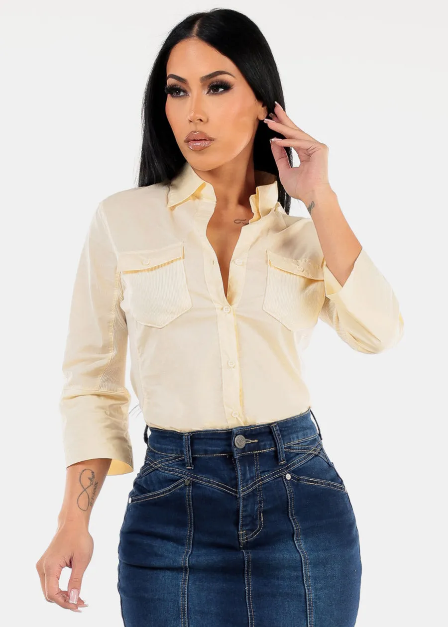 Quarter Sleeve Button Up Shirt Light Yellow sold by Moda