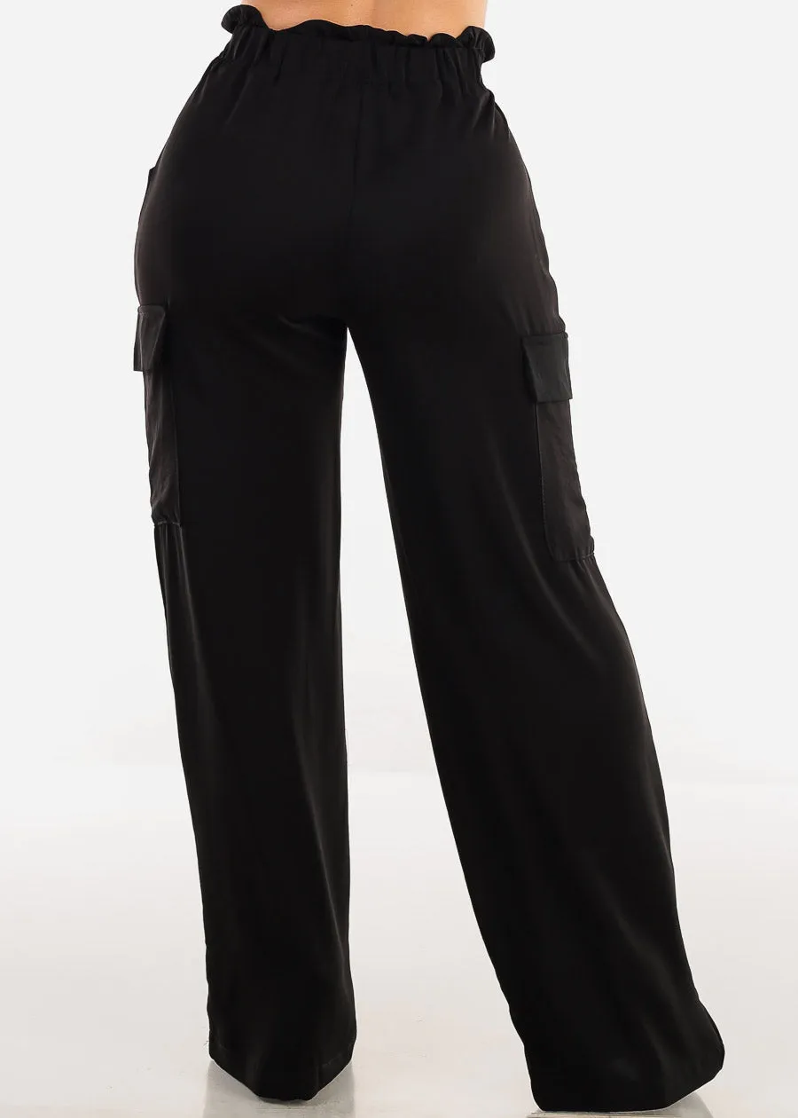Black High Drawstring Waist Wide Leg Cargo Pants sold by Moda product image thumbnail 4