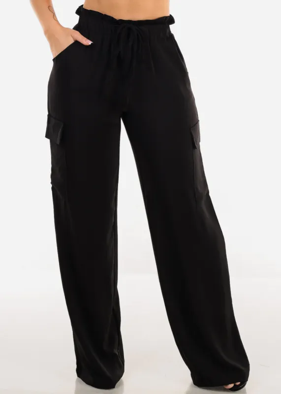 Black High Drawstring Waist Wide Leg Cargo Pants sold by Moda