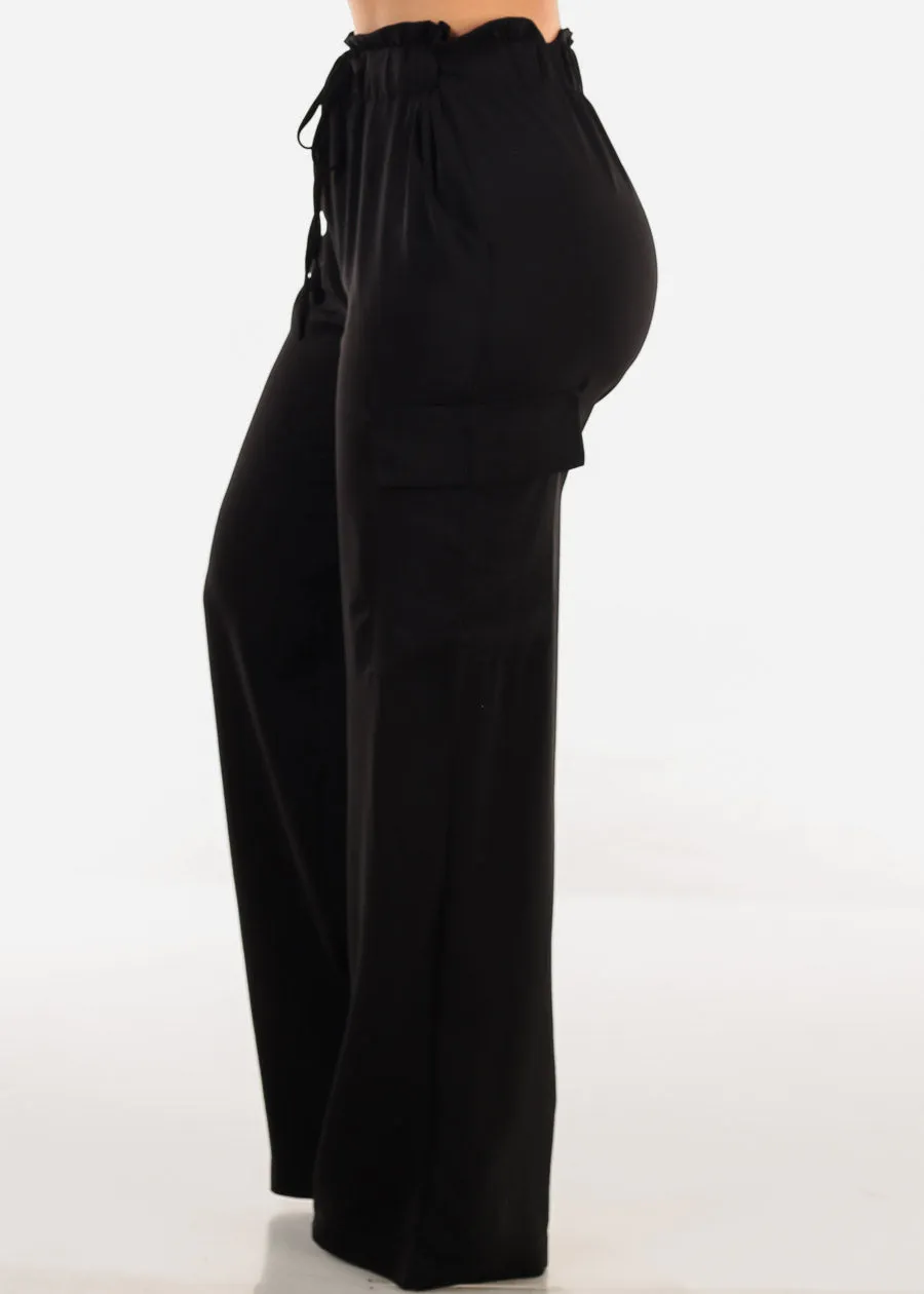 Black High Drawstring Waist Wide Leg Cargo Pants sold by Moda product image thumbnail 3
