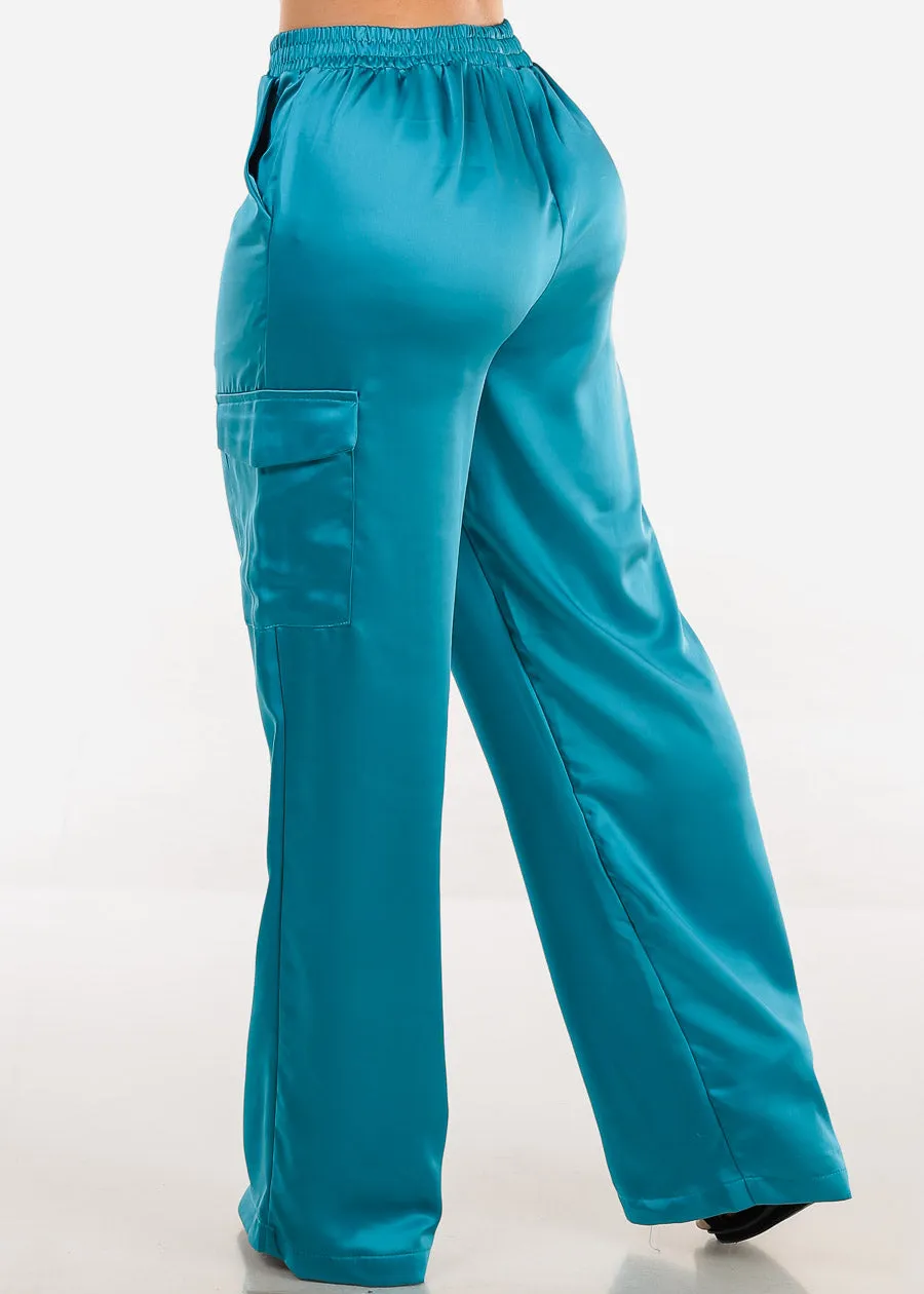 High Waisted Satin Wide Legged Cargo Pants Blue sold by Moda product image thumbnail 4