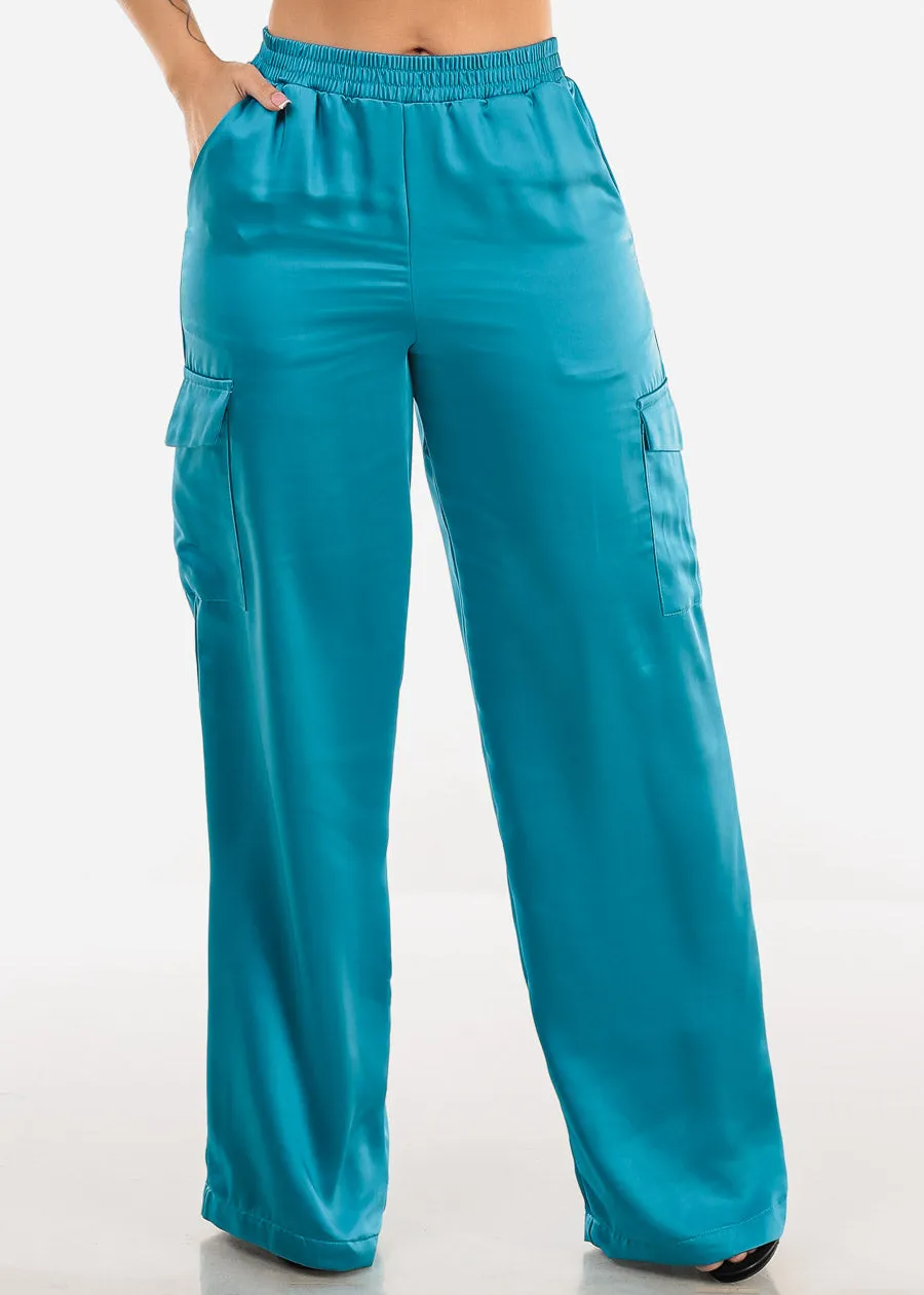 High Waisted Satin Wide Legged Cargo Pants Blue sold by Moda