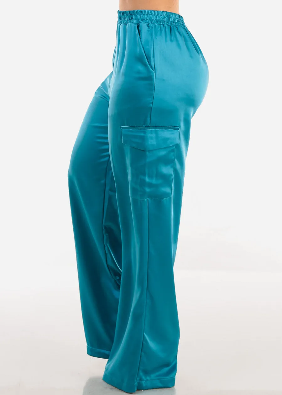 High Waisted Satin Wide Legged Cargo Pants Blue sold by Moda product image thumbnail 3