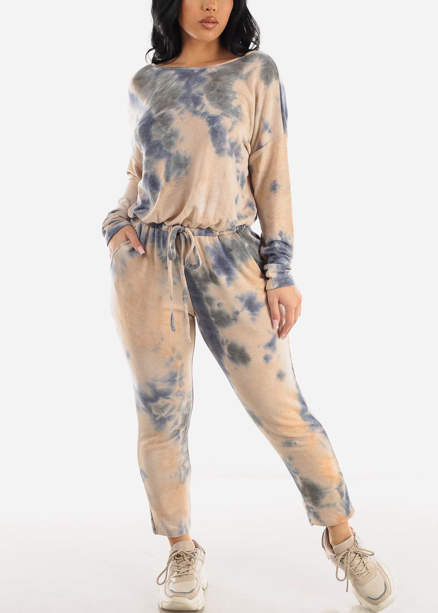 Drawstring Waist Long Sleeve Tie Dye Jumpsuit sold by Moda