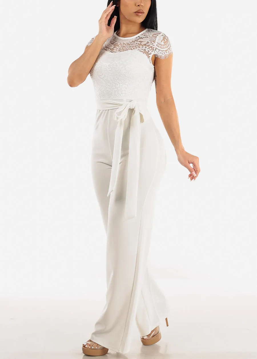 Short Sleeve Wide Legged Lace Jumpsuit Off White sold by Moda
