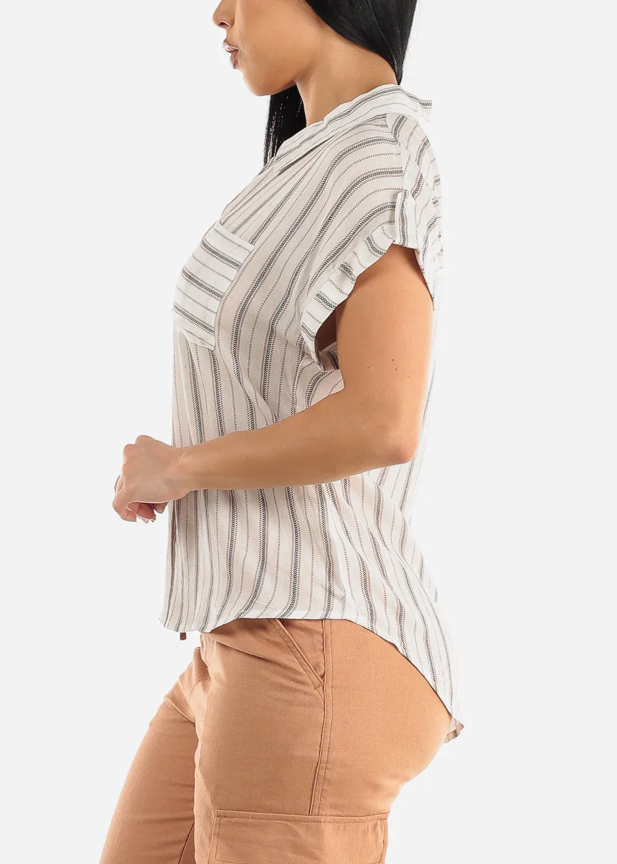 Stripe Short Cap Sleeve Button Up Shirt Ivory & Brown sold by Moda product image thumbnail 3
