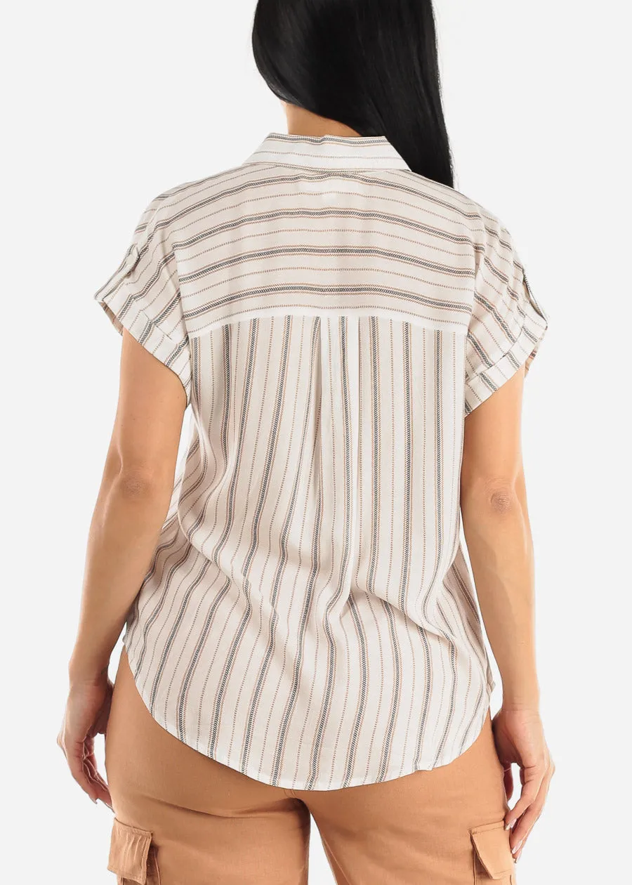 Stripe Short Cap Sleeve Button Up Shirt Ivory & Brown sold by Moda product image thumbnail 4