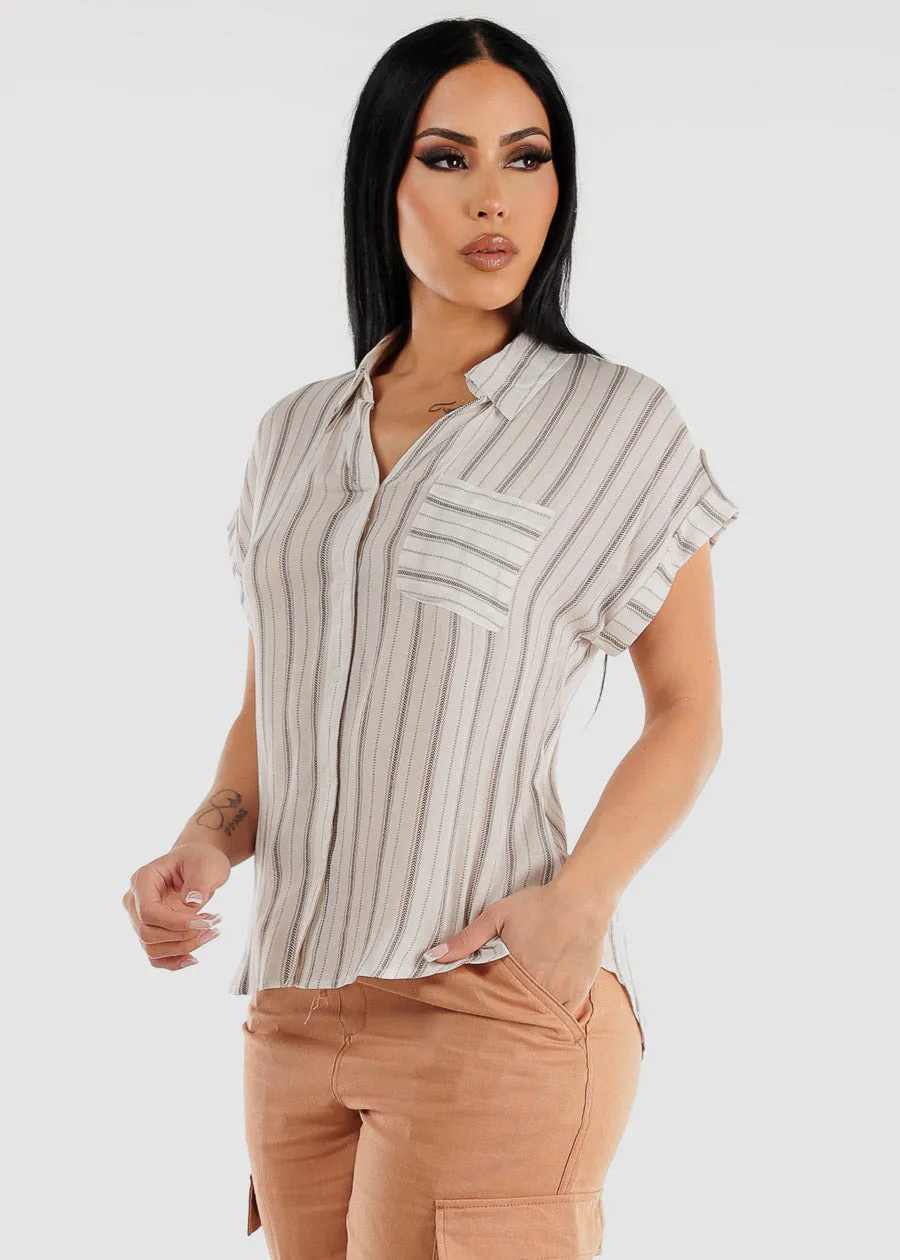 Stripe Short Cap Sleeve Button Up Shirt Ivory & Brown sold by Moda