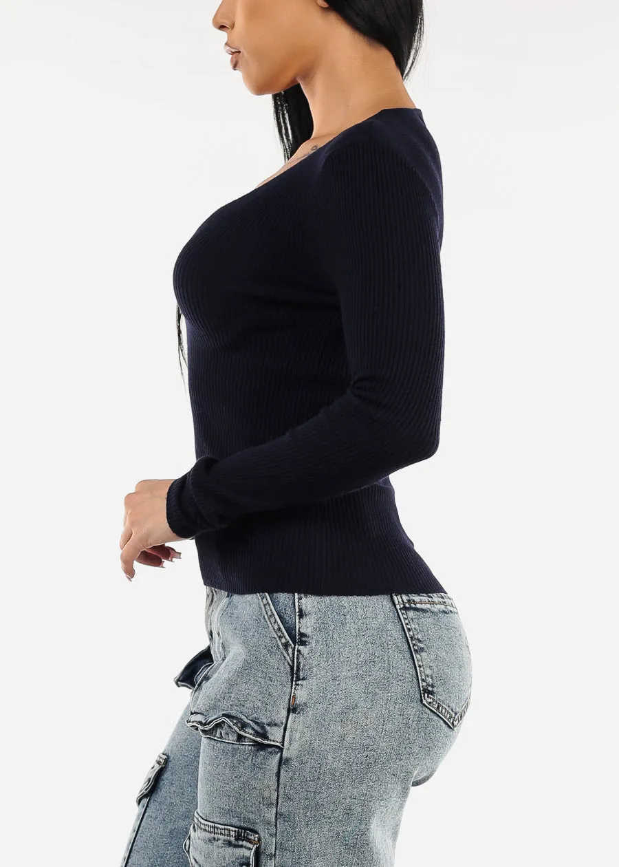 Long Sleeve Vneck Ribbed Sweater Top Navy sold by Moda product image thumbnail 3