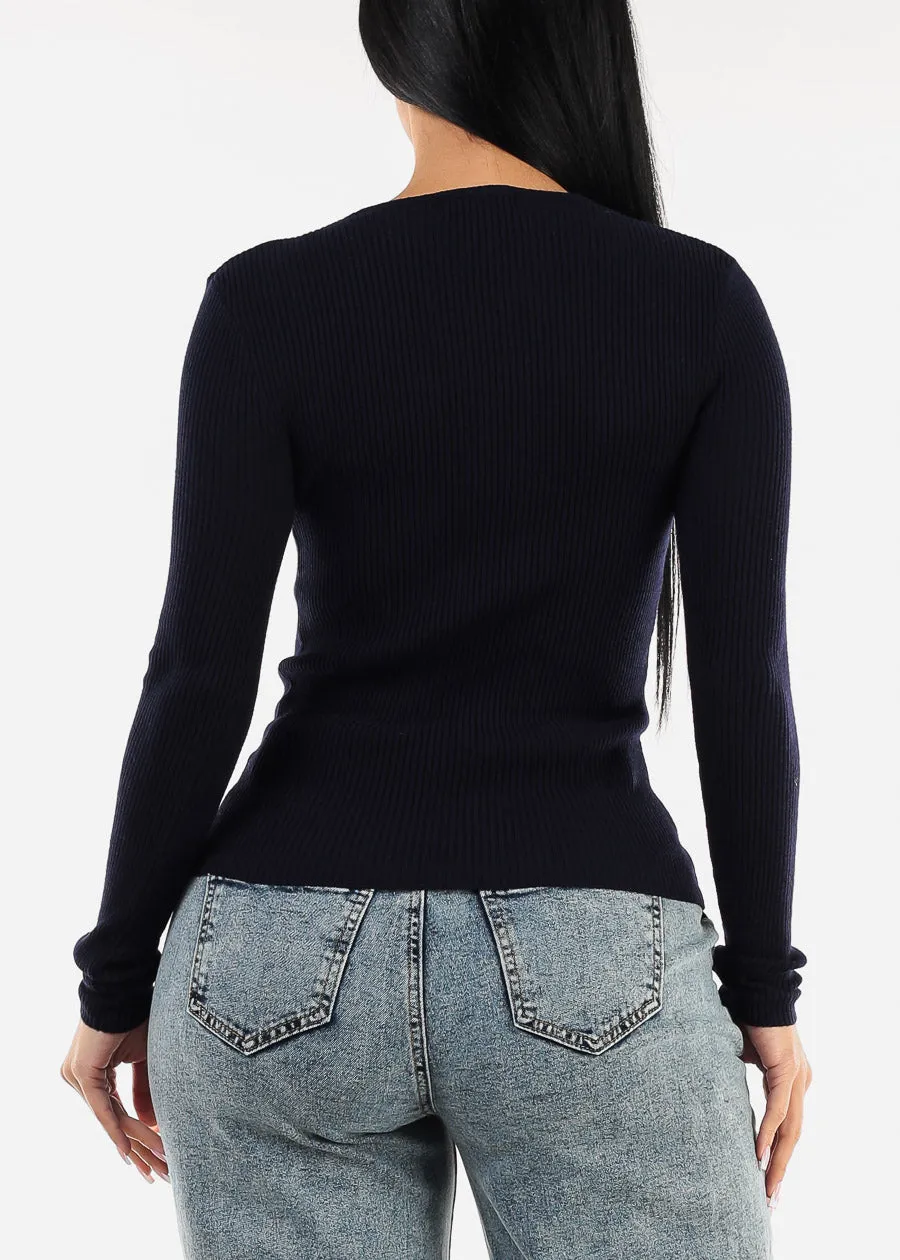 Long Sleeve Vneck Ribbed Sweater Top Navy sold by Moda product image thumbnail 4