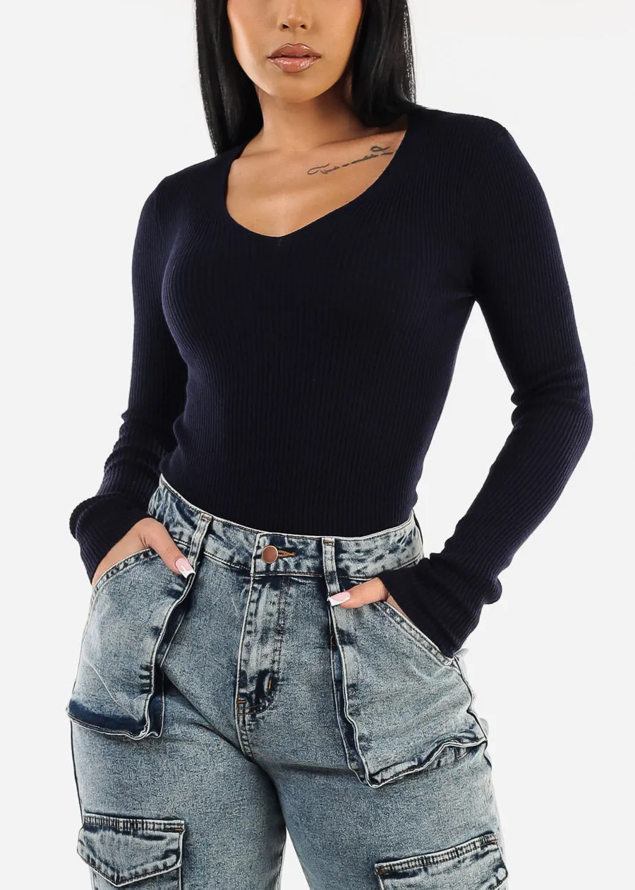 Long Sleeve Vneck Ribbed Sweater Top Navy sold by Moda