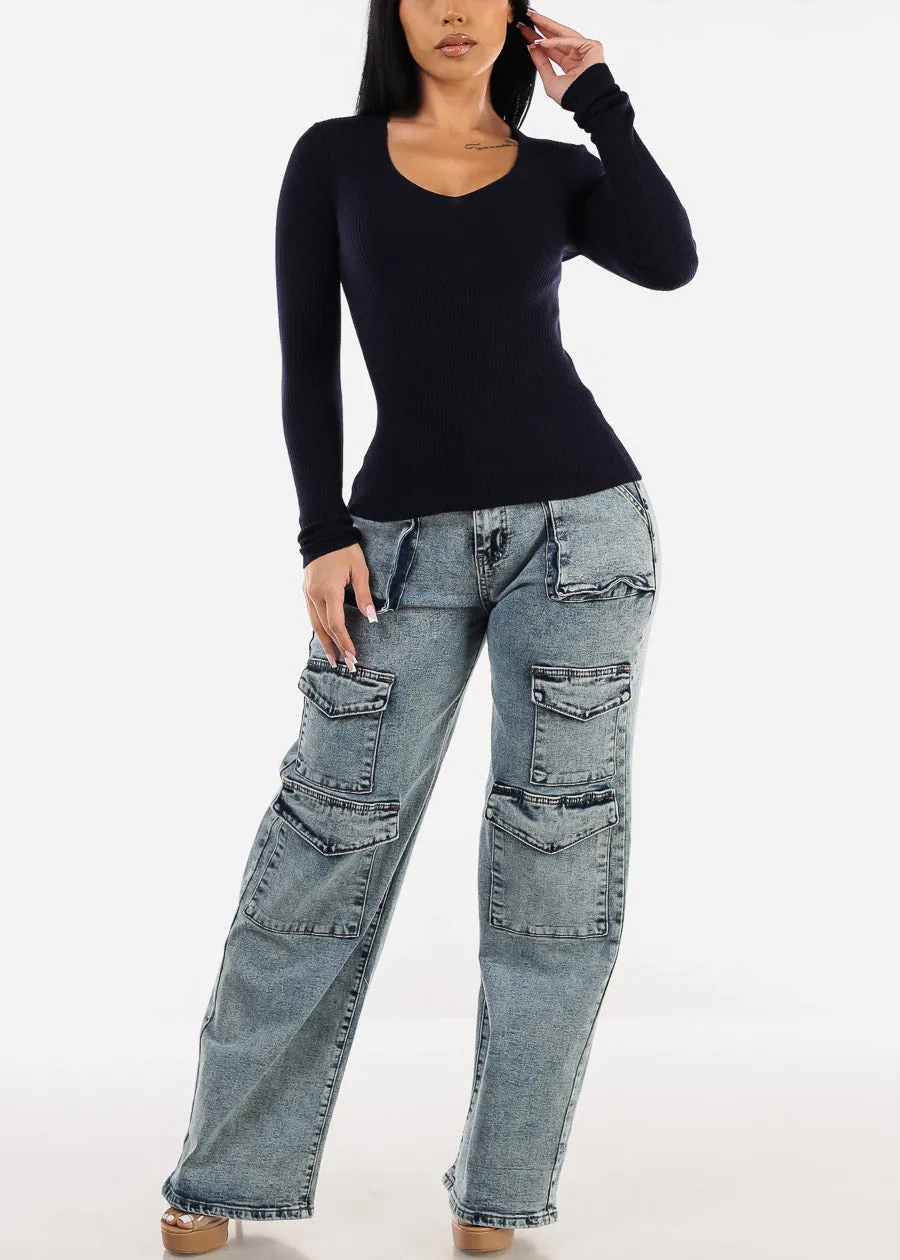 Long Sleeve Vneck Ribbed Sweater Top Navy sold by Moda product image thumbnail 2