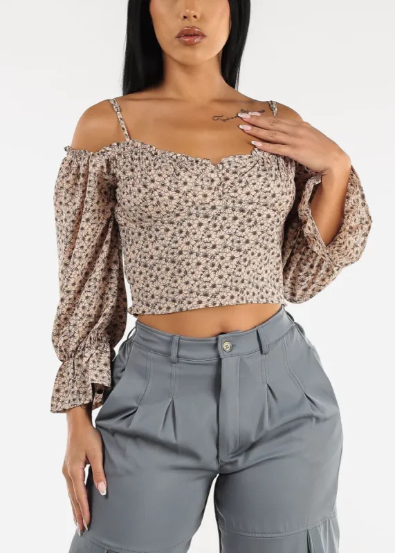 Off Shoulder Smoked Floral Cami Crop Top Light Pink made by Moda