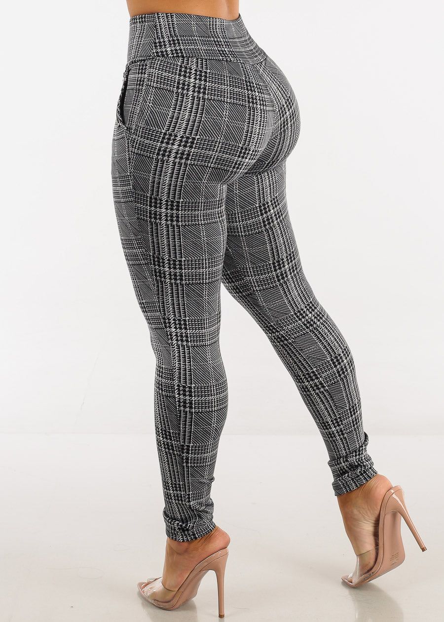High Waisted Plaid Grey Skinny Pants w Zipper Detail sold by Moda product image thumbnail 4