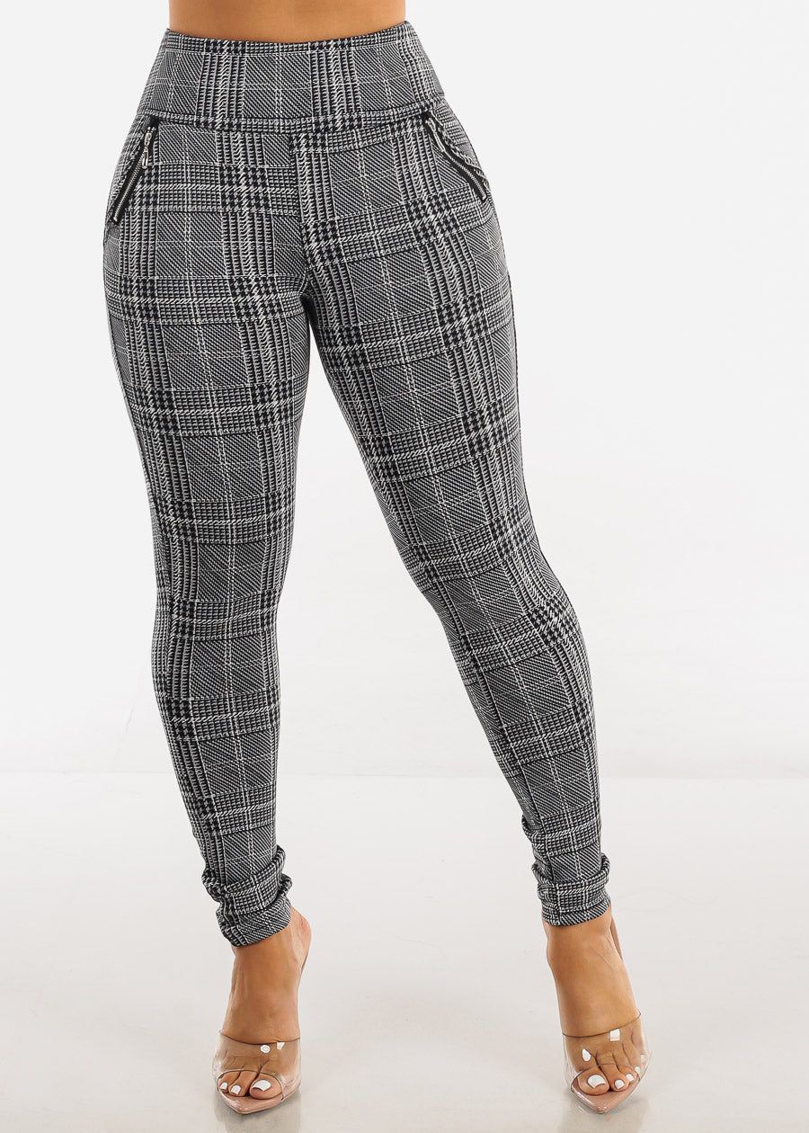 High Waisted Plaid Grey Skinny Pants w Zipper Detail sold by Moda