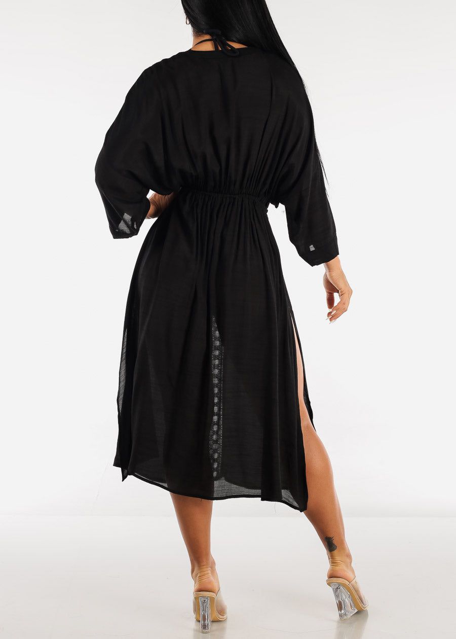 Black Drawstring Maxi Kimono w Crochet Trim sold by Moda product image thumbnail 4