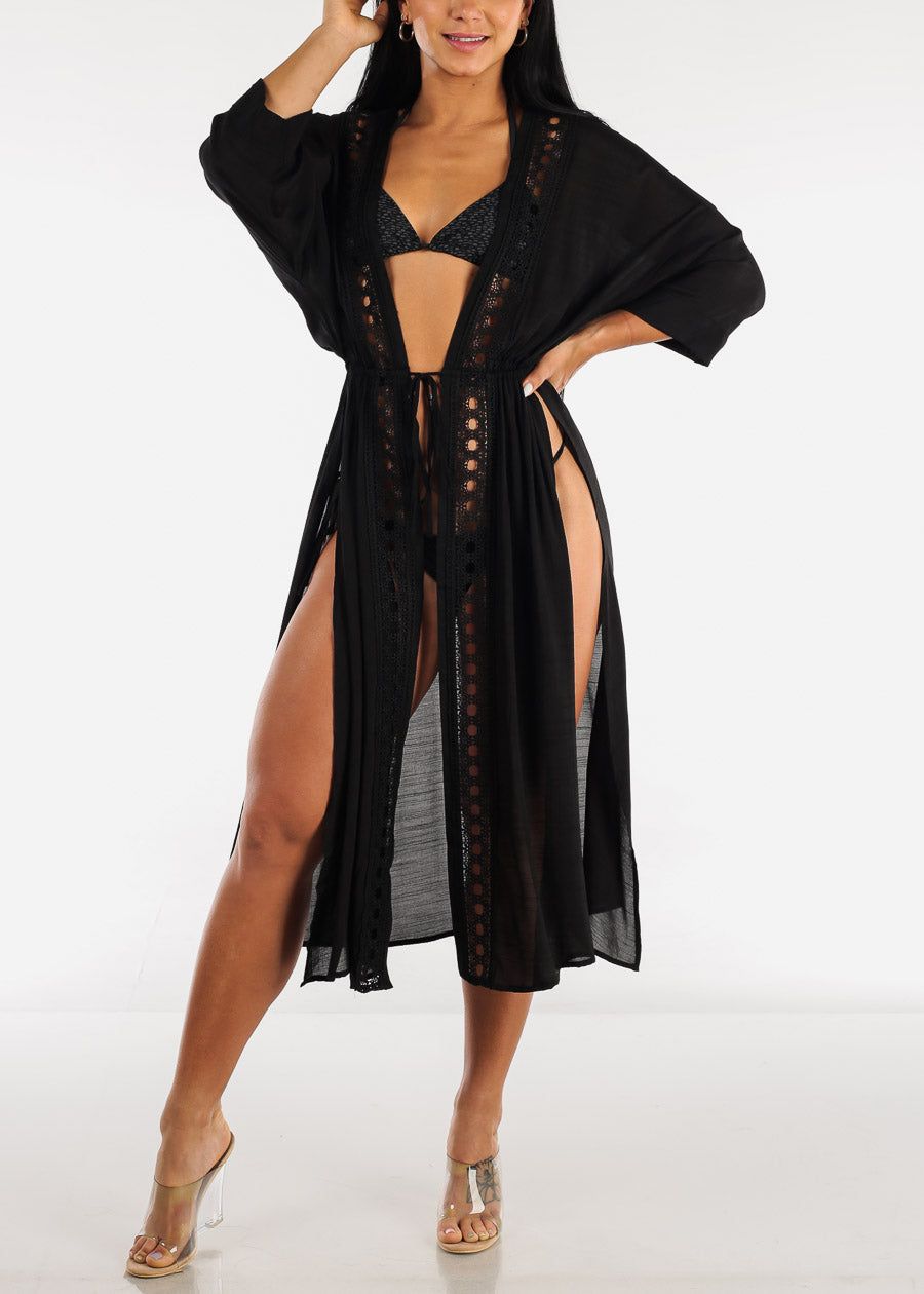 Black Drawstring Maxi Kimono w Crochet Trim sold by Moda