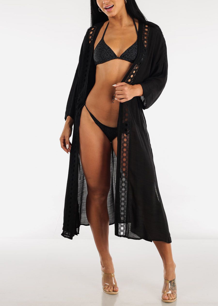 Black Drawstring Maxi Kimono w Crochet Trim sold by Moda product image thumbnail 2